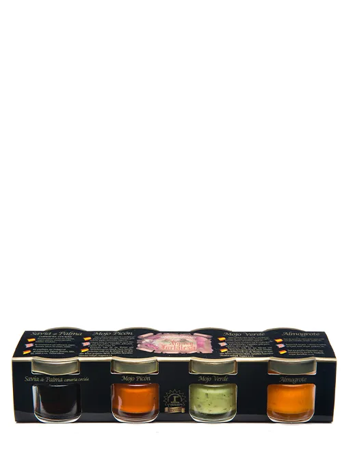 Pack de miniaturas compuesto por los clásicos mojos canarios, almogrote y savia de palma